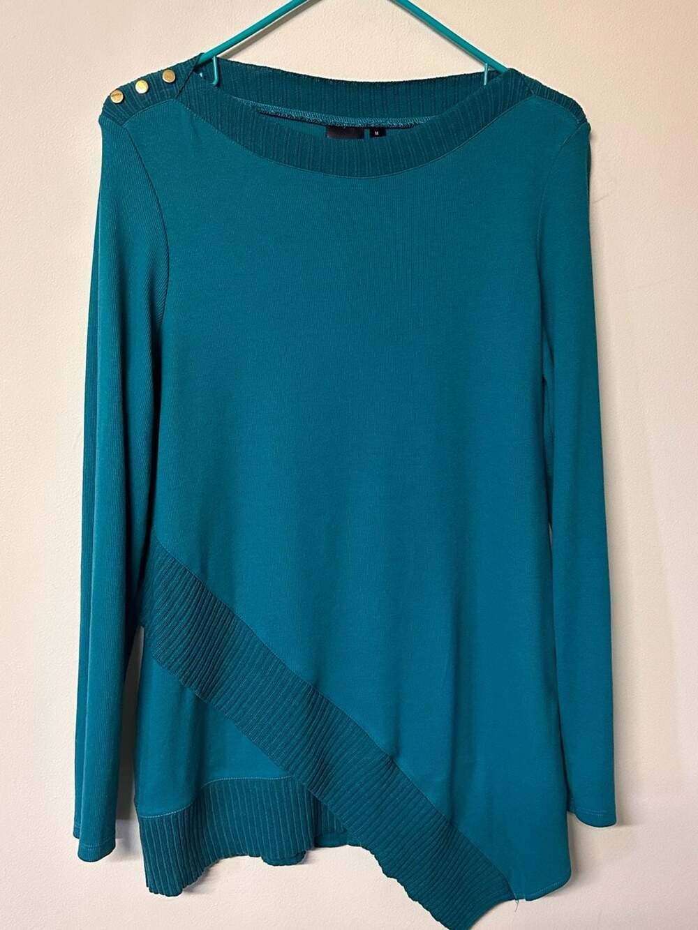 Rafaella Tunic Size M Teal Asymmetrical Long Sleeve Gold Button
